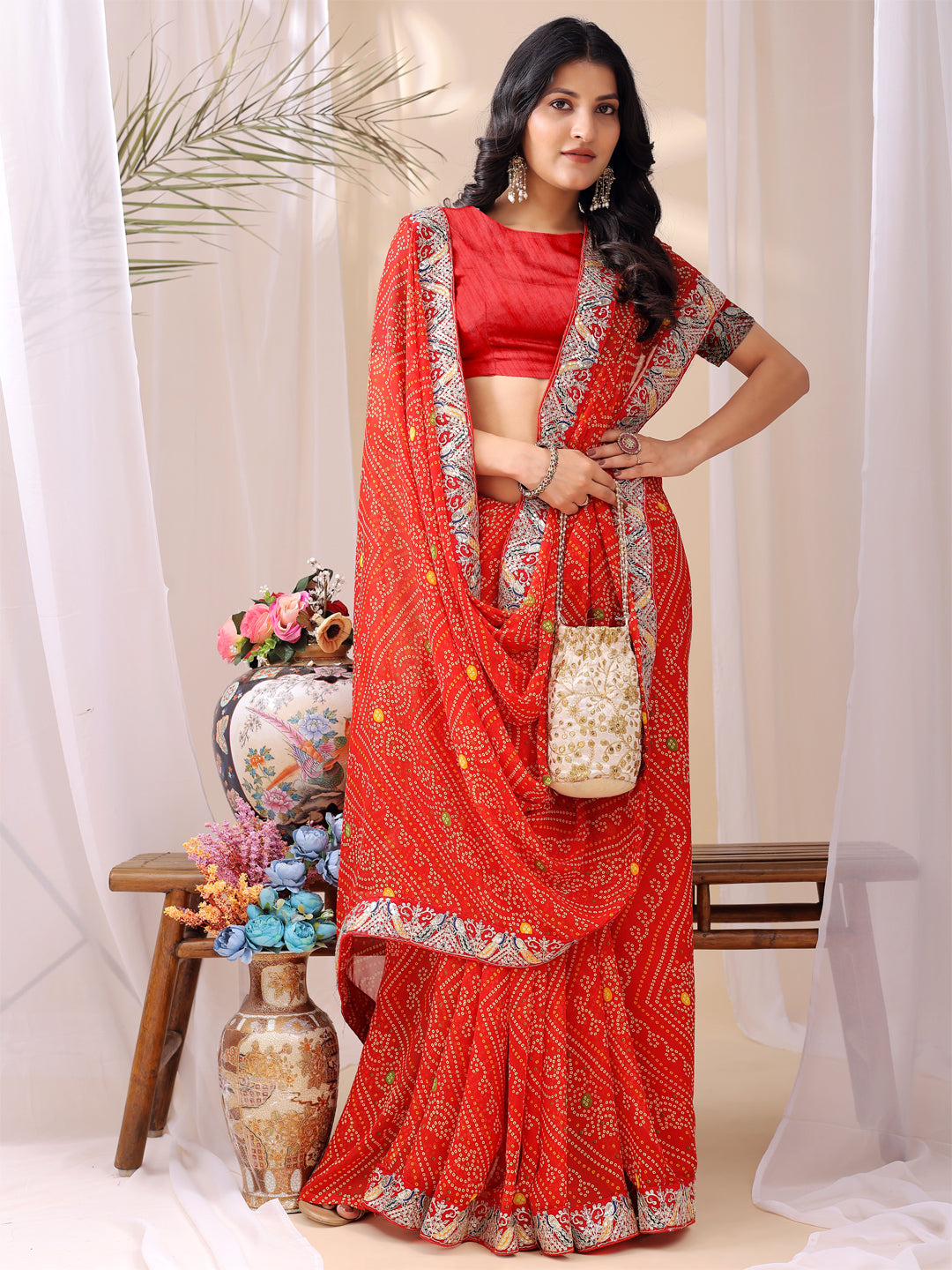 Leelavati Striped, Embroidered Bandhani Georgette Saree (Orange)