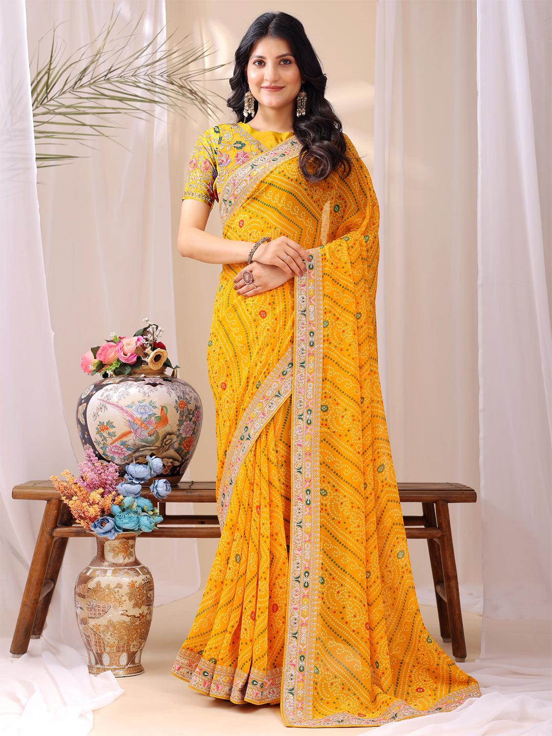 Leelavati Embroidered, Striped Bandhani Georgette Saree (Yellow)