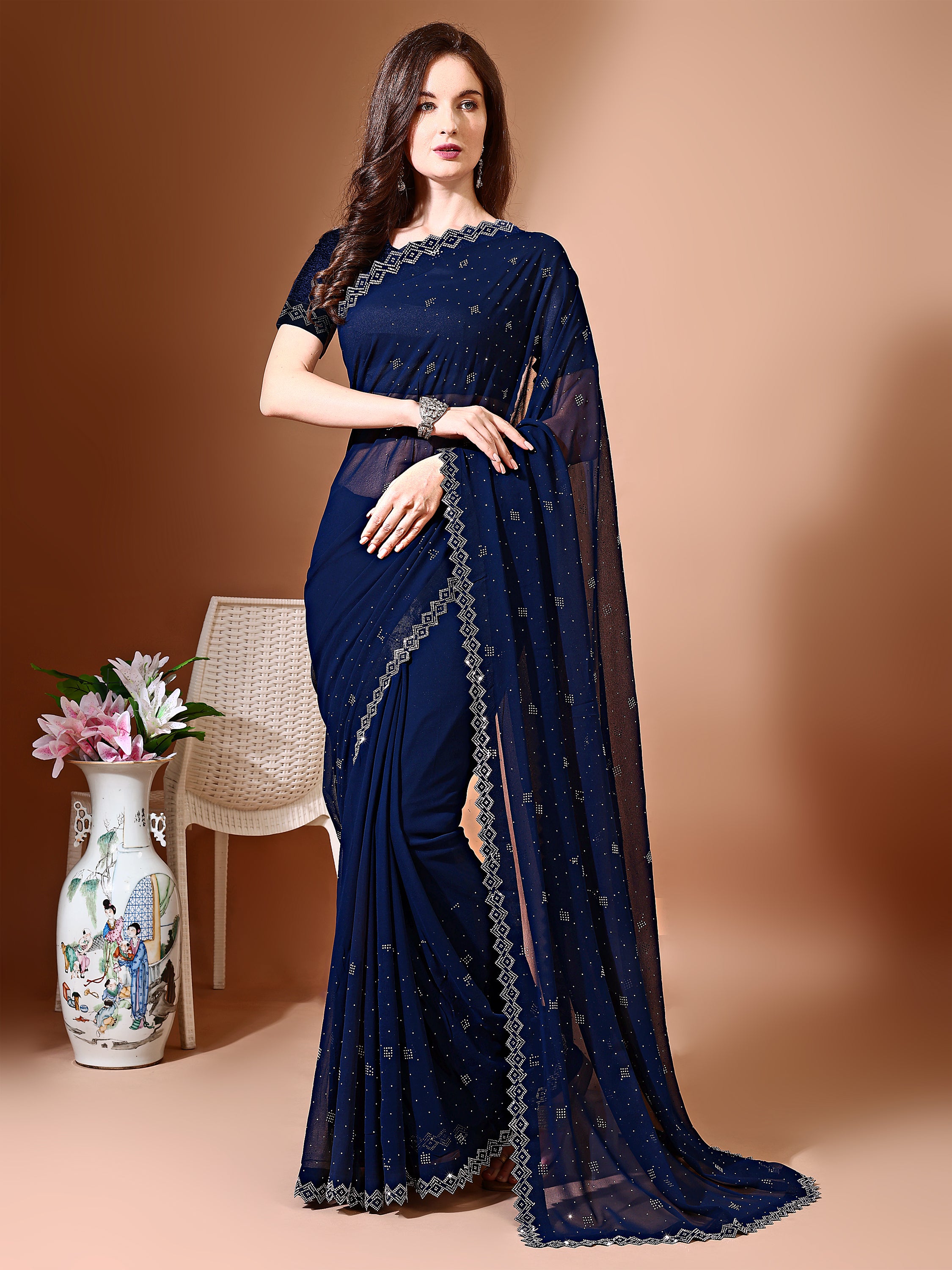 Leelavati Embellished Bollywood Chiffon Saree (Dark Blue)