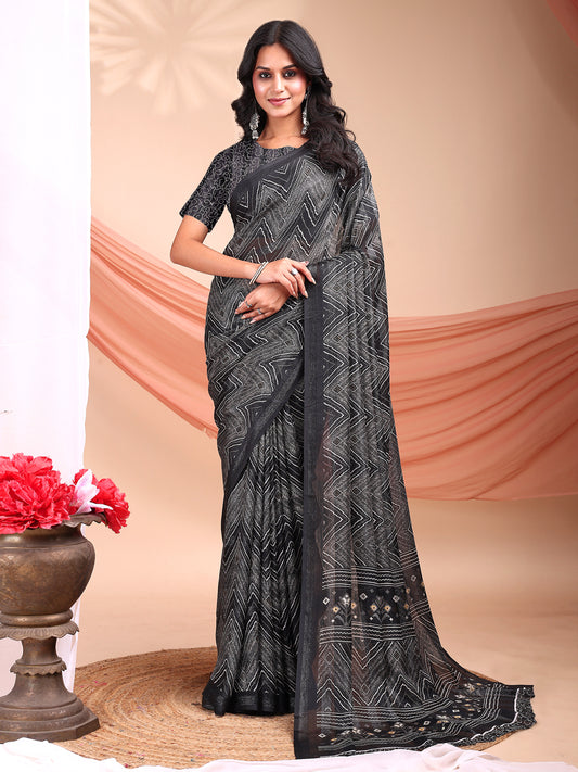 Leelavati Printed, Embellished, Embroidered Daily Wear Chiffon Saree (Grey)