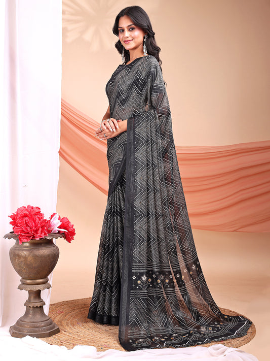 Leelavati Printed, Embellished, Embroidered Daily Wear Chiffon Saree (Grey)