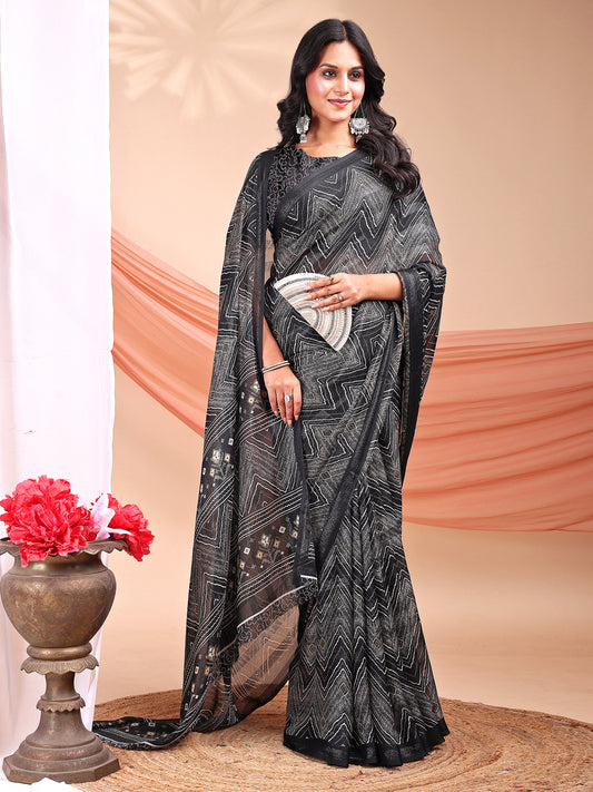 Leelavati Printed, Embellished, Embroidered Daily Wear Chiffon Saree (Grey)