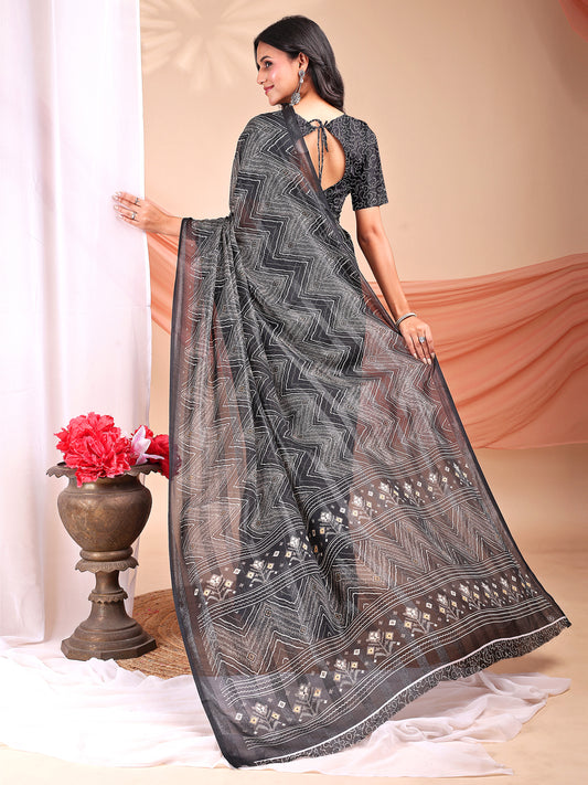 Leelavati Printed, Embellished, Embroidered Daily Wear Chiffon Saree (Grey)