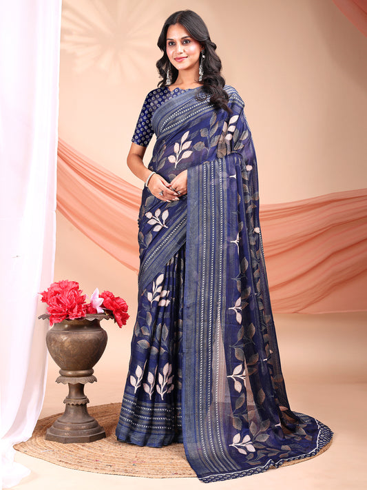 Leelavati Printed, Embellished, Embroidered Daily Wear Chiffon Saree (Dark Blue)