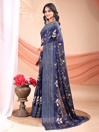 Leelavati Printed, Embellished, Embroidered Daily Wear Chiffon Saree (Dark Blue)