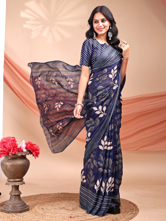 Leelavati Printed, Embellished, Embroidered Daily Wear Chiffon Saree (Dark Blue)