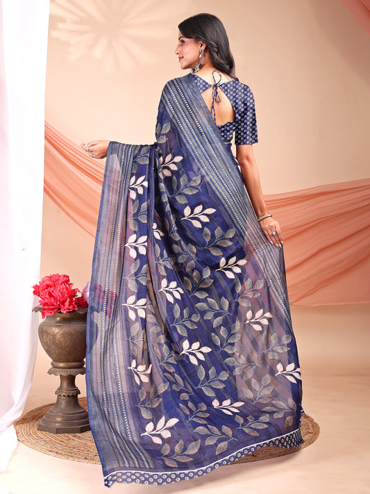 Leelavati Printed, Embellished, Embroidered Daily Wear Chiffon Saree (Dark Blue)