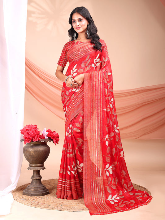 Leelavati Printed, Embellished, Embroidered Daily Wear Chiffon Saree (Red)