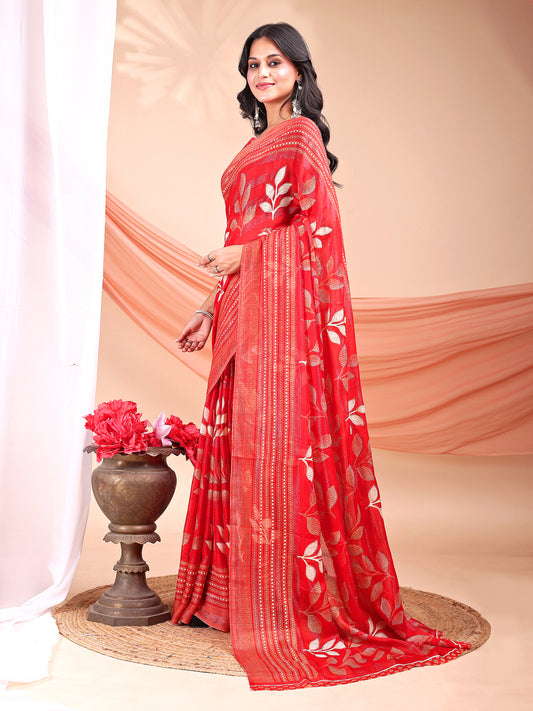 Leelavati Printed, Embellished, Embroidered Daily Wear Chiffon Saree (Red)