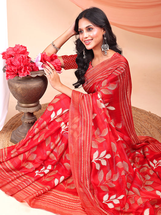 Leelavati Printed, Embellished, Embroidered Daily Wear Chiffon Saree (Red)