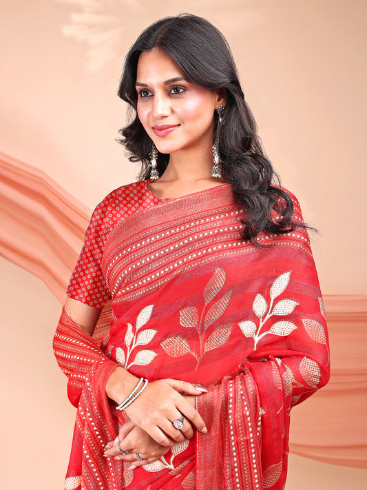 Leelavati Printed, Embellished, Embroidered Daily Wear Chiffon Saree (Red)