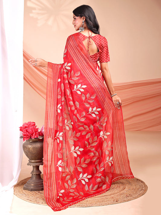 Leelavati Printed, Embellished, Embroidered Daily Wear Chiffon Saree (Red)
