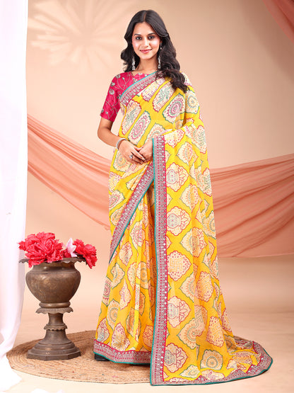 Leelavati Striped, Embroidered Bandhani Georgette Saree (Yellow, Pink)