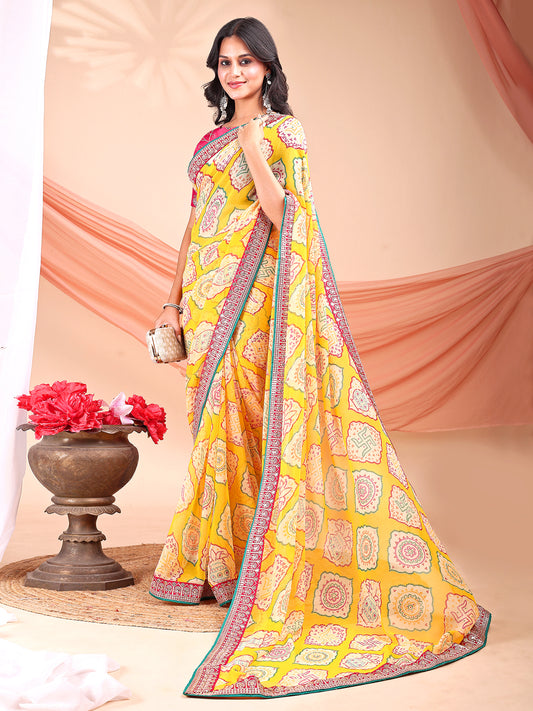 Leelavati Striped, Embroidered Bandhani Georgette Saree (Yellow, Pink)