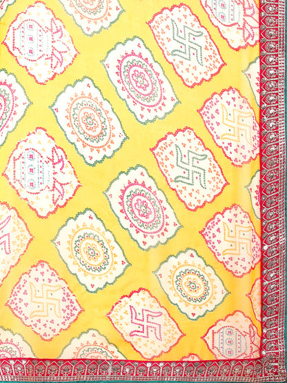 Leelavati Striped, Embroidered Bandhani Georgette Saree (Yellow, Pink)