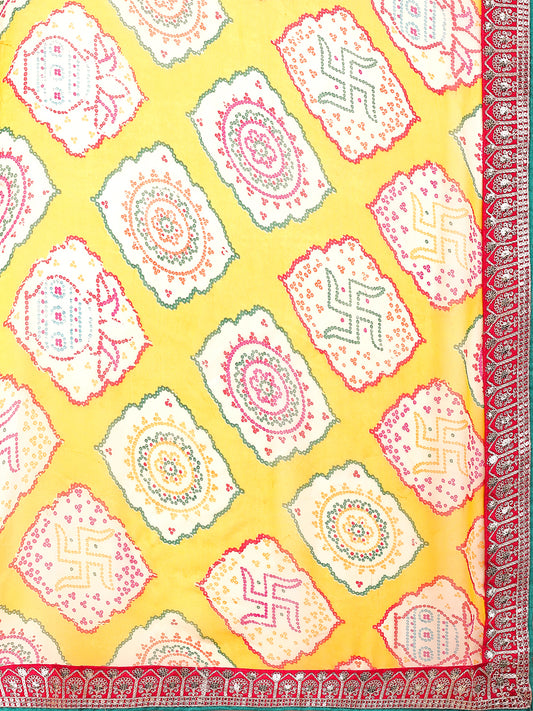 Leelavati Striped, Embroidered Bandhani Georgette Saree (Yellow, Pink)