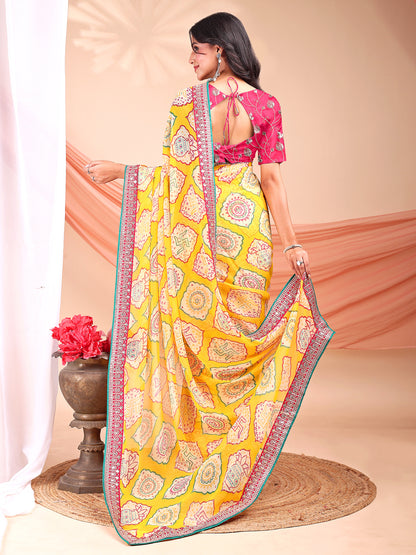 Leelavati Striped, Embroidered Bandhani Georgette Saree (Yellow, Pink)