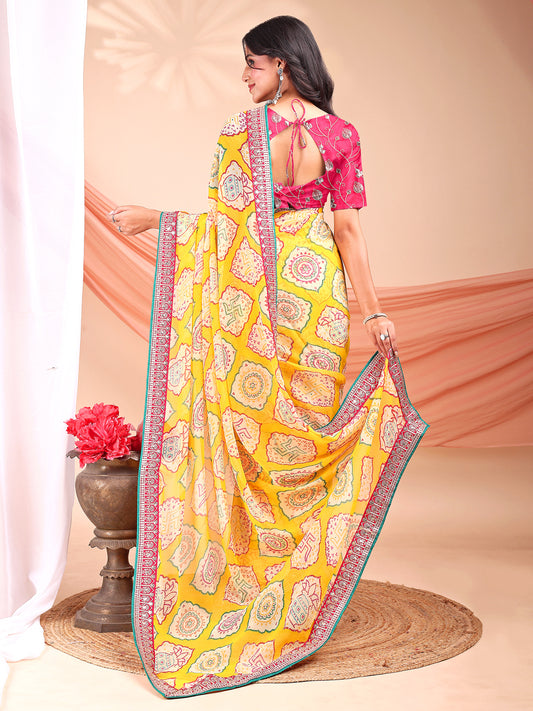 Leelavati Striped, Embroidered Bandhani Georgette Saree (Yellow, Pink)