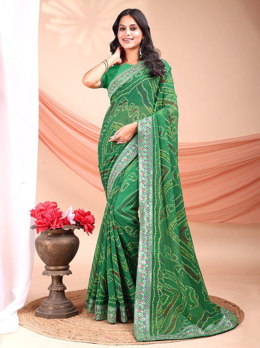 Leelavati Striped, Embroidered Bandhani Georgette Saree (Light Green)