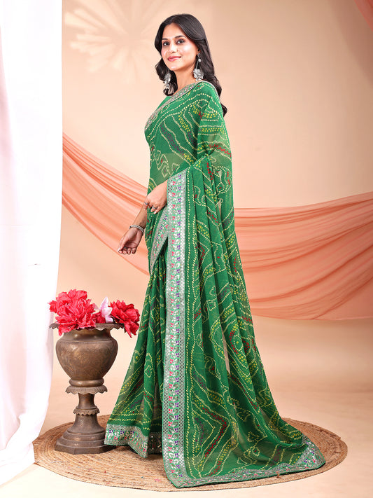 Leelavati Striped, Embroidered Bandhani Georgette Saree (Light Green)