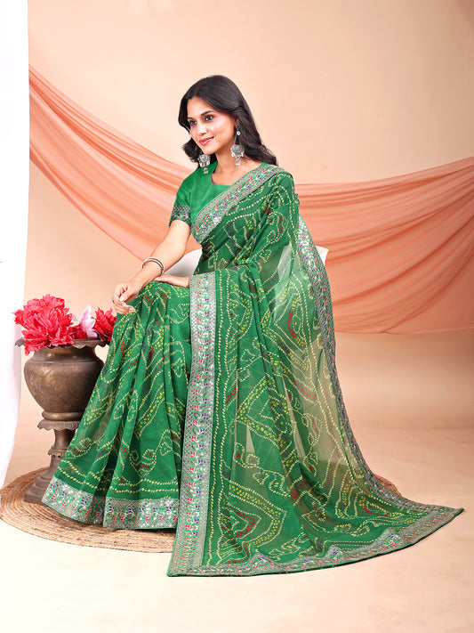 Leelavati Striped, Embroidered Bandhani Georgette Saree (Light Green)