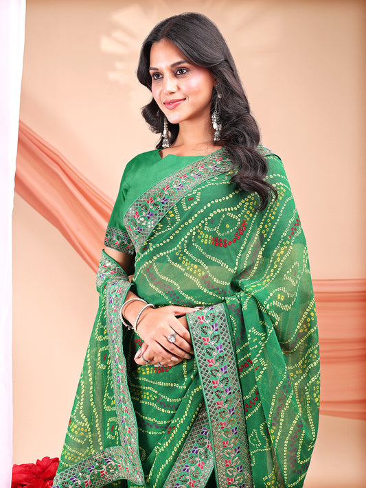 Leelavati Striped, Embroidered Bandhani Georgette Saree (Light Green)