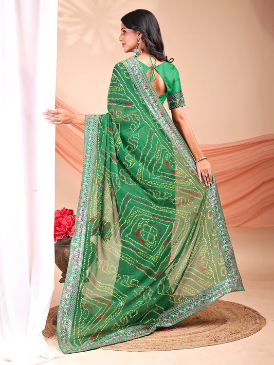 Leelavati Striped, Embroidered Bandhani Georgette Saree (Light Green)