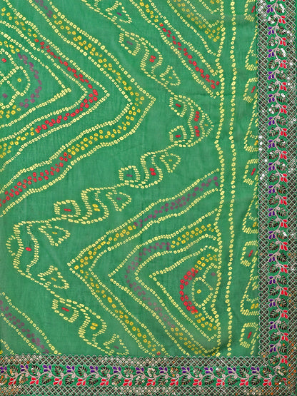 Leelavati Striped, Embroidered Bandhani Georgette Saree (Light Green)