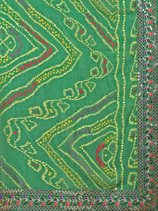 Leelavati Striped, Embroidered Bandhani Georgette Saree (Light Green)