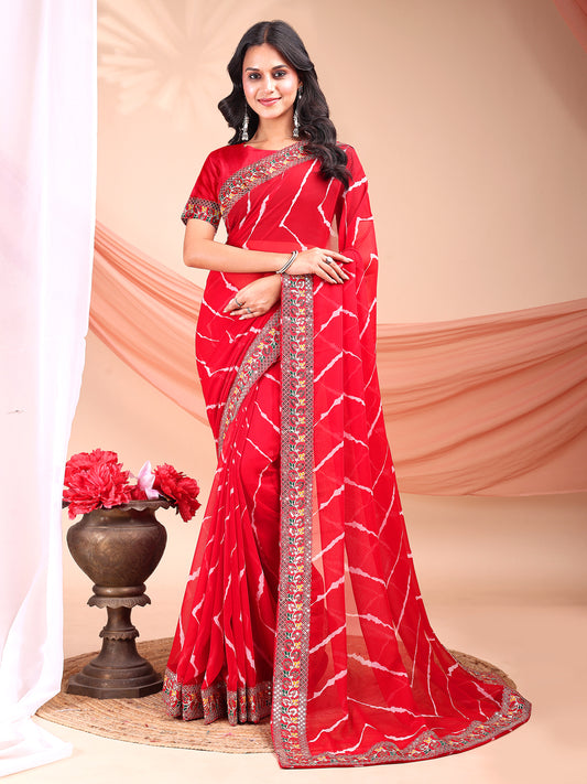 Leelavati Striped, Embroidered Bandhani Georgette Saree (Red)