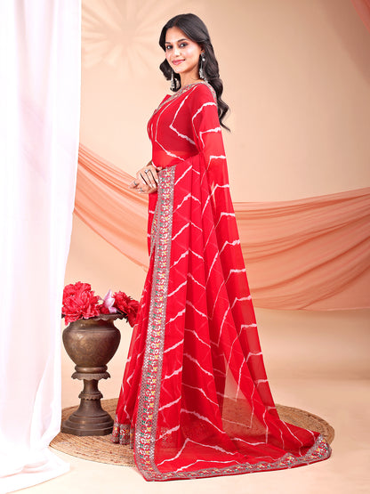 Leelavati Striped, Embroidered Bandhani Georgette Saree (Red)
