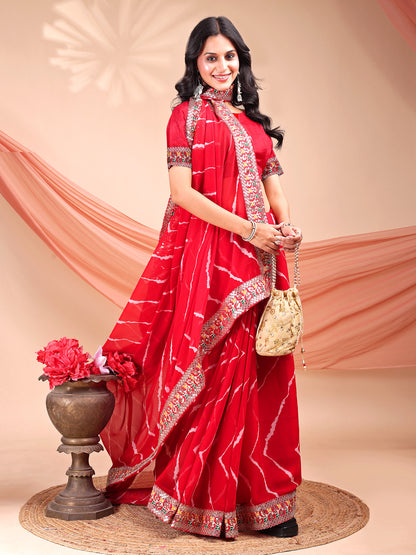 Leelavati Striped, Embroidered Bandhani Georgette Saree (Red)