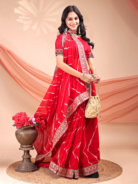 Leelavati Striped, Embroidered Bandhani Georgette Saree (Red)
