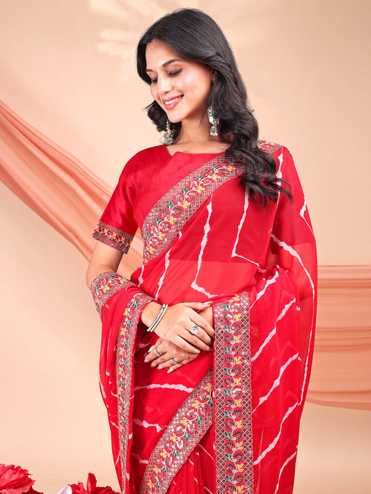 Leelavati Striped, Embroidered Bandhani Georgette Saree (Red)