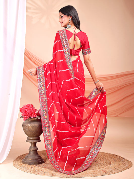 Leelavati Striped, Embroidered Bandhani Georgette Saree (Red)