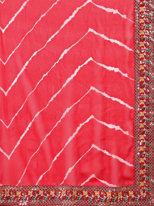 Leelavati Striped, Embroidered Bandhani Georgette Saree (Red)