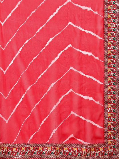 Leelavati Striped, Embroidered Bandhani Georgette Saree (Red)