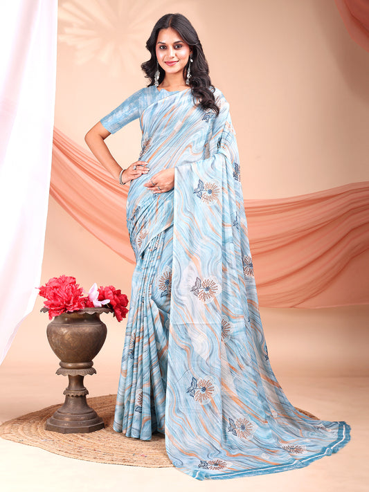 Leelavati Printed, Embellished, Embroidered Daily Wear Chiffon Saree (Light Blue)