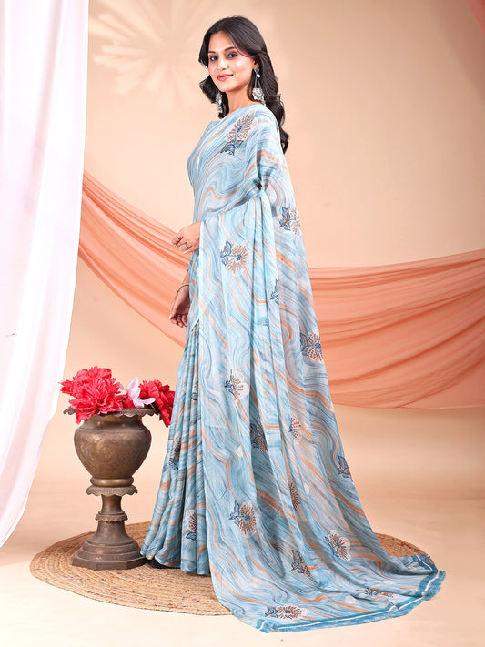 Leelavati Printed, Embellished, Embroidered Daily Wear Chiffon Saree (Light Blue)