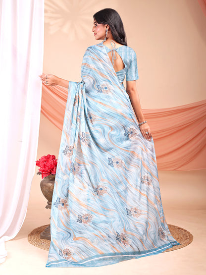 Leelavati Printed, Embellished, Embroidered Daily Wear Chiffon Saree (Light Blue)