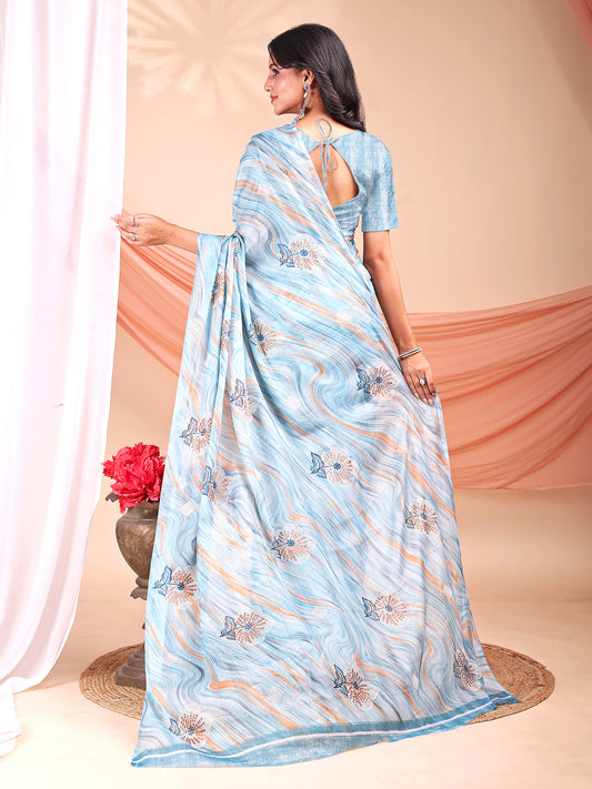 Leelavati Printed, Embellished, Embroidered Daily Wear Chiffon Saree (Light Blue)