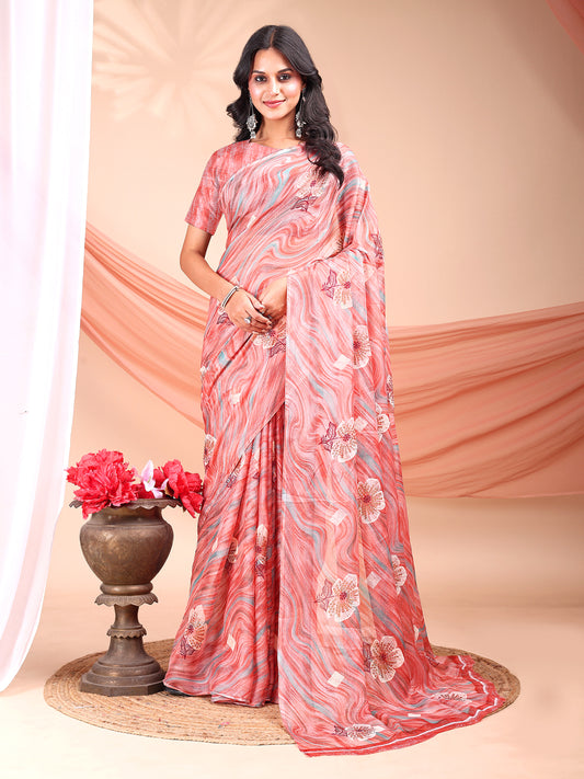 Leelavati Printed, Embellished, Embroidered Daily Wear Chiffon Saree (Orange)