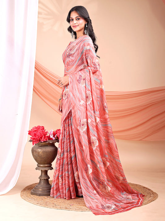 Leelavati Printed, Embellished, Embroidered Daily Wear Chiffon Saree (Orange)