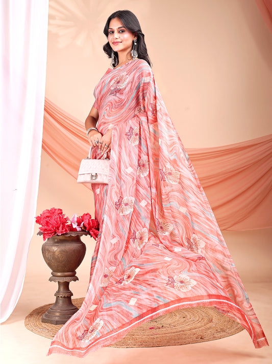 Leelavati Printed, Embellished, Embroidered Daily Wear Chiffon Saree (Orange)