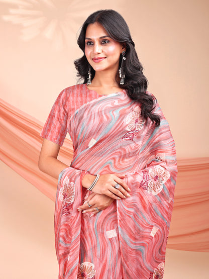 Leelavati Printed, Embellished, Embroidered Daily Wear Chiffon Saree (Orange)