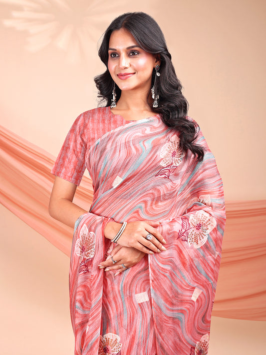 Leelavati Printed, Embellished, Embroidered Daily Wear Chiffon Saree (Orange)