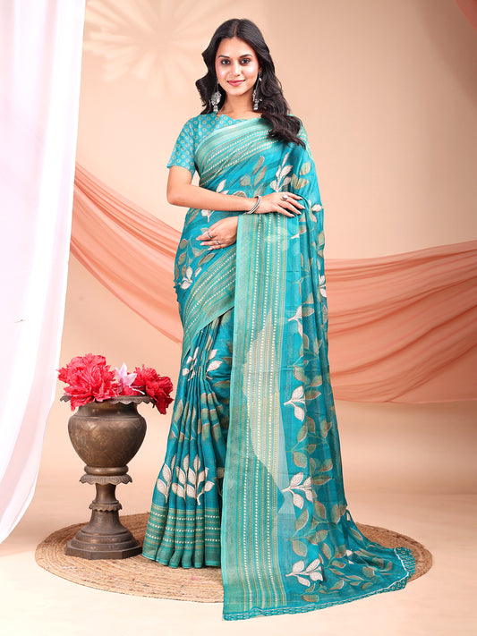 Leelavati Printed, Embellished, Embroidered Daily Wear Chiffon Saree (Light Blue)