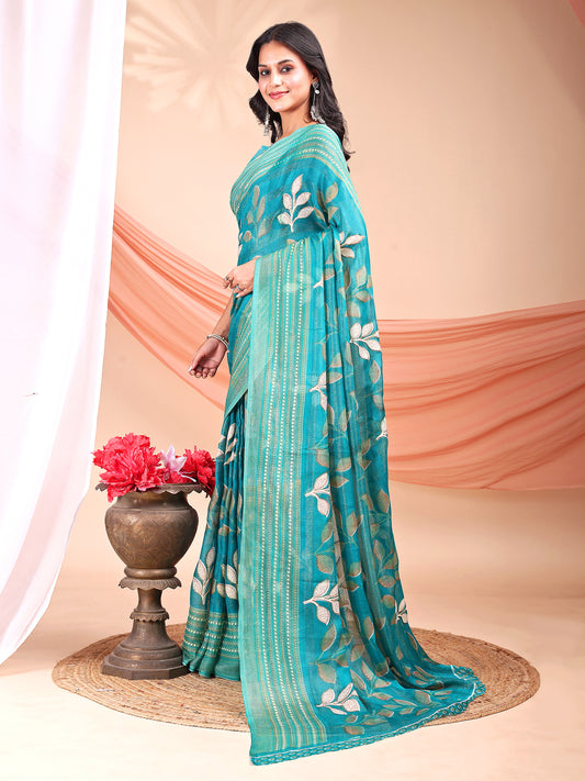 Leelavati Printed, Embellished, Embroidered Daily Wear Chiffon Saree (Light Blue)