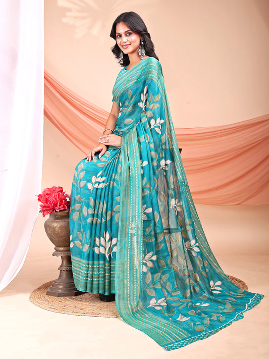 Leelavati Printed, Embellished, Embroidered Daily Wear Chiffon Saree (Light Blue)