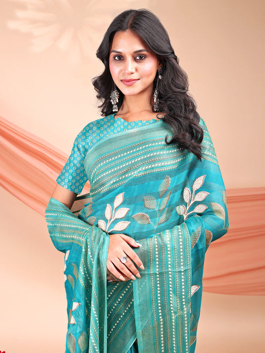 Leelavati Printed, Embellished, Embroidered Daily Wear Chiffon Saree (Light Blue)